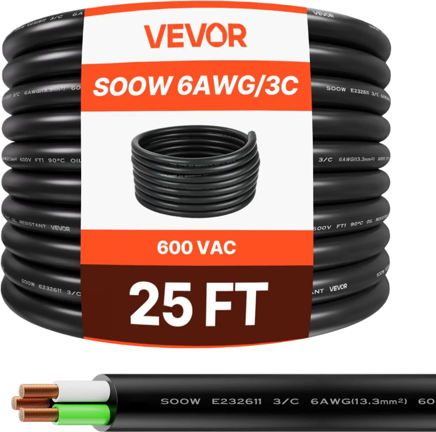 Vevor Power Cable 25' 6 AWG Heavy Duty 600V SOOW Outdoor Electrical Wire New