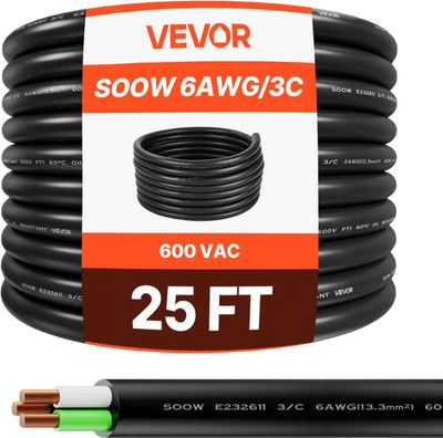 Vevor Power Cable 25' 6 AWG Heavy Duty 600V SOOW Outdoor Electrical Wire New