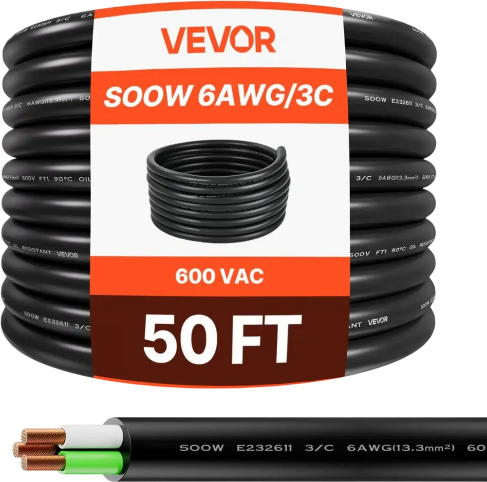 VEVOR 50 FT 6AWG Portable Power Cable (3 Conductor), Heavy Duty 600V SOOW Electrical Power Cable, Industrial Grade Electric Wire, Premium CPE Rubber Jacket, Copper Extension Cord for Welder Machine