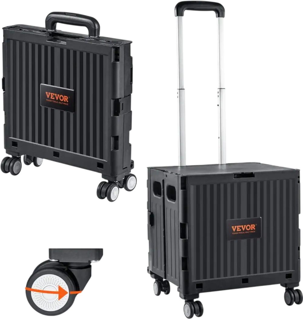 VEVOR Foldable Utility Cart, 110 lbs Load Capacity, Folding Portable Rolling Crate Handcart with Heavy Duty Telescoping Handle and 4 Rotate Wheels for Travel Shopping Moving Luggage Office Use, Black