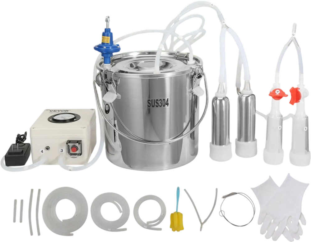 VEVOR Goat Milking Machine, 12 L 304 Stainless Steel Bucket, Electric Automatic Pulsation Vacuum Milker, Portable Milker with Food-grade Silicone Cups and Tubes, Adjustable Suction for Cows and Sheep