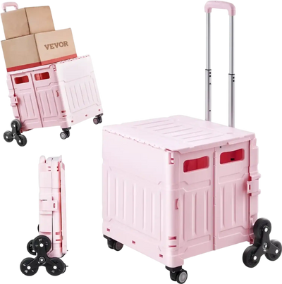 Vevor Utility Cart Foldable 65L Stair Climbing Rolling Crate Pink New