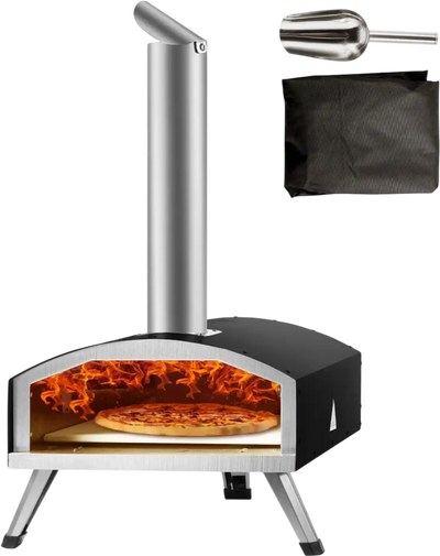 VEVOR Outdoor Oven 12-inch Pellet and Charcoal Fired Maker, Portable Outside Stainless Steel Grill with Pizza Stone, Waterproof Cover, Shovel, Wood Burner for Backyard Camping, Black