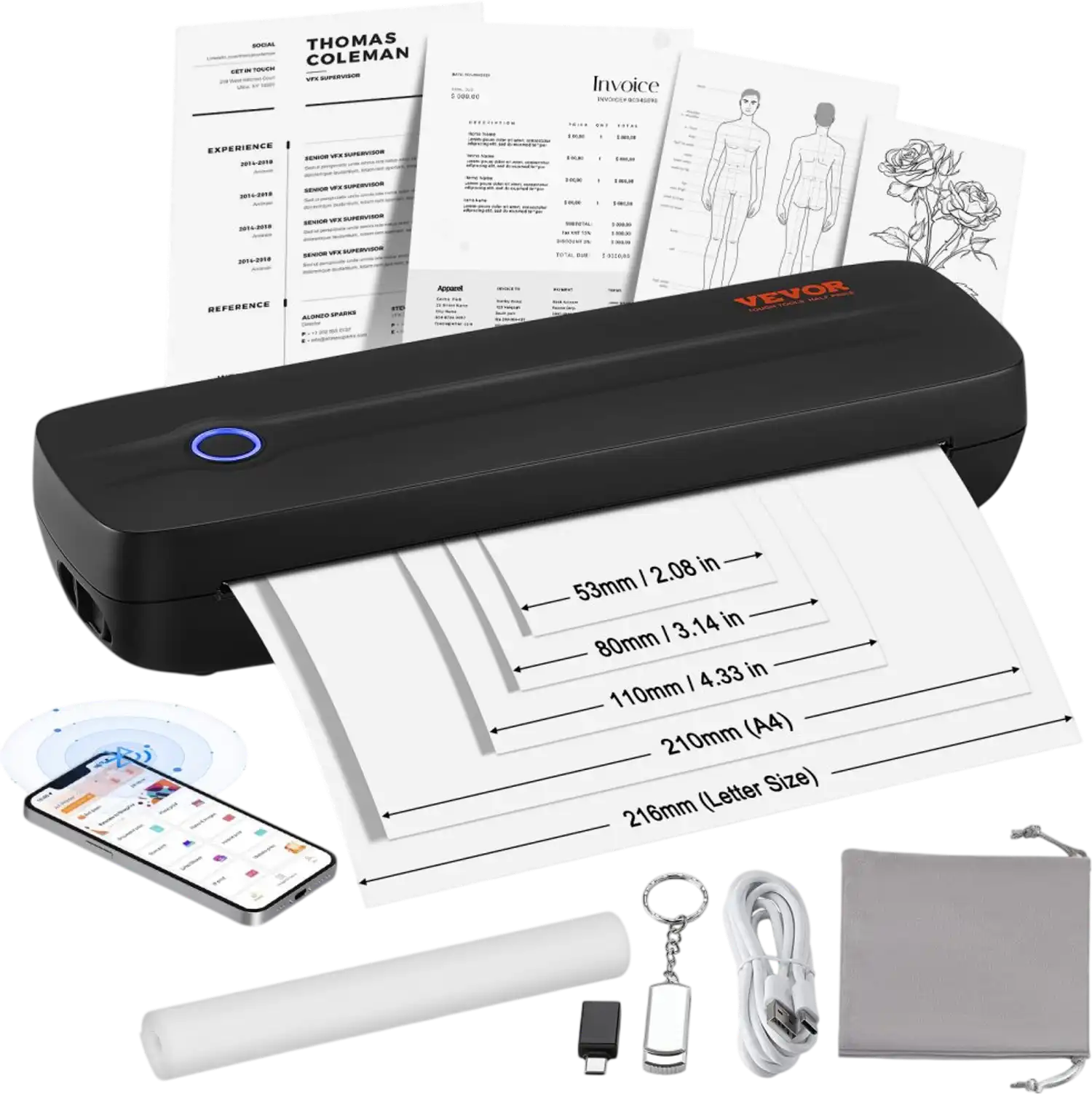 Vevor Thermal Printer Portable Wireless Inkless Mobile Printer New