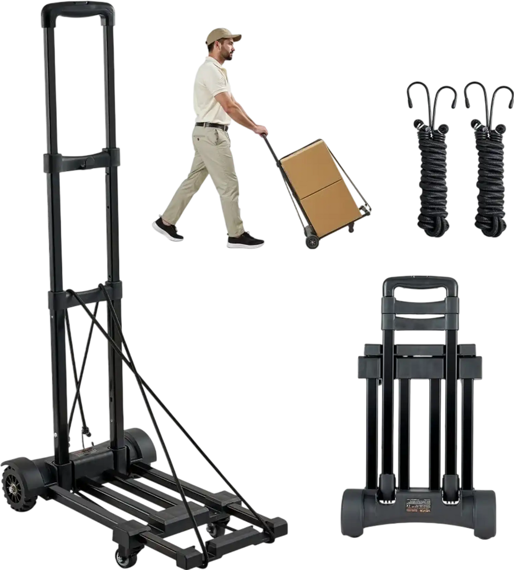 VEVOR Folding Hand Truck, 290 lbs Load Capacity, Collapsible Luggage Cart with 4 Wheels, 2 Elastic Ropes & Expandable Base, Utility Dolly Platform Cart for Airport Travel Luggage Office Moving, Black