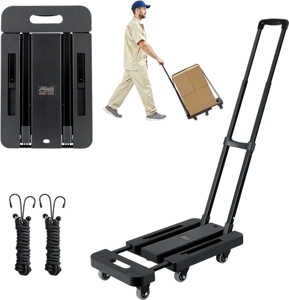 VEVOR Folding Hand Truck, 500 lbs Load Capacity, Collapsible Luggage Cart with 6 Wheels, 2 Elastic Ropes & Expandable Base, Utility Dolly Platform Cart for Airport Travel Luggage Office Moving, Black