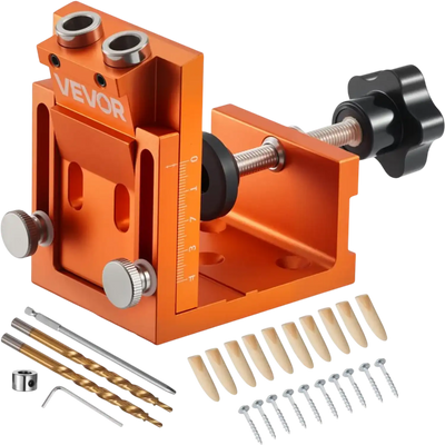 VEVOR Pocket Hole Jig Kit, 0.47 to 1.89 in Adjustable, Jig Pocket Hole System with Step Drill, Hex Wrench, Drill Stop Ring, Square Drive Bit, Plugs and Screws, Reinforced Metal Frame, for Woodworking