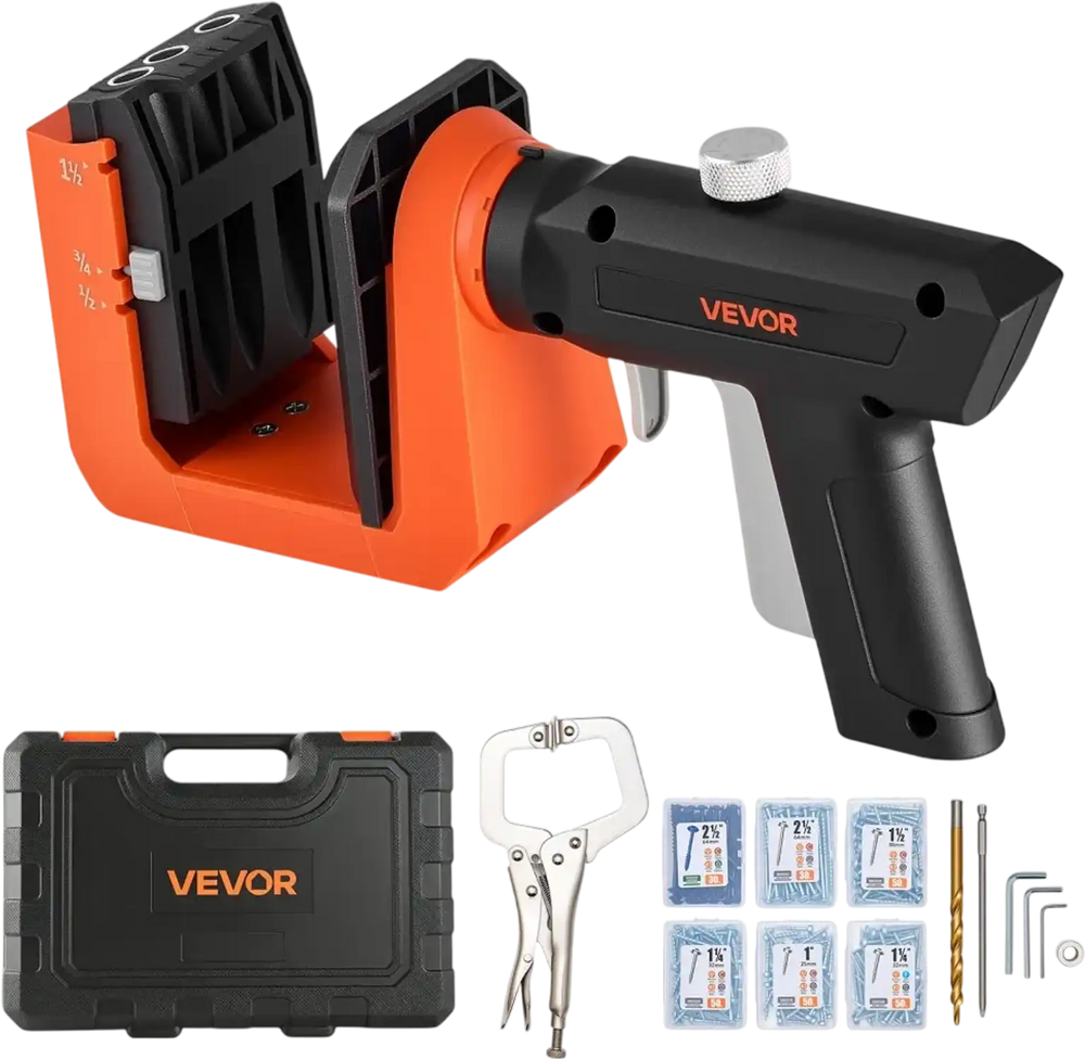 VEVOR Pocket Hole Jig Kit, 1/2", 3/4", 1-1/2" Adjustable, 360° Rotating Handle, Jig Pocket Hole System with 260 Screws, C-Clamp, Stop Collar, Drill Bit, Easy Clamping and Adjusting, for Woodworking