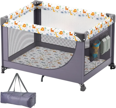 VEVOR Baby Playpen Travel Crib, Quick-Folding Playpen for Baby & Toddler, Portable Baby Fence Play Yard with Wheels, Breathable Mesh & Travel Bag, Indoor/Outdoor Kids Activity Center for 0-36 Months