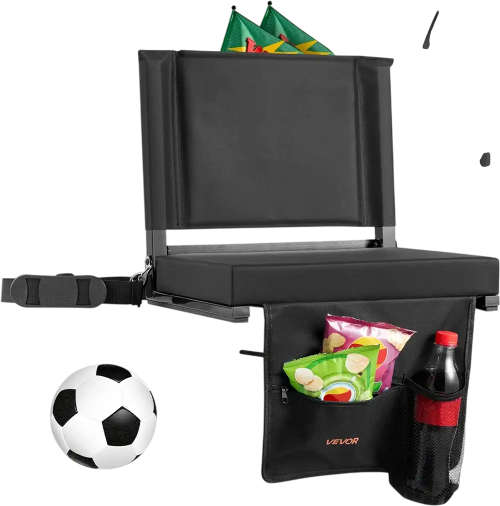 VEVOR Stadium Seat, Folding Bleacher Chair with Back Support and Thick Cushion, Padded Stadium Seat for Bleacher Includes Shoulder Strap, Hooks, Cup Holder, and Side Pocket, Black Bleachers Chair