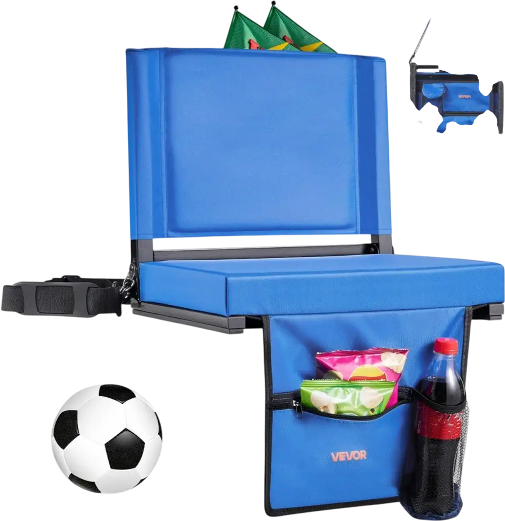 VEVOR Stadium Seat, Folding Bleacher Chair with Back Support and Thick Cushion, Padded Stadium Seat for Bleacher Includes Shoulder Strap, Hooks, Cup Holder, and Side Pocket, Blue Bleachers Chair