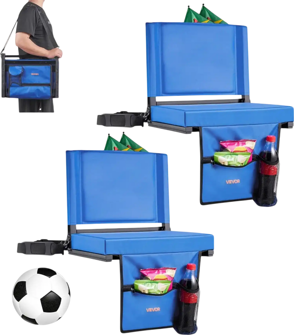 VEVOR Stadium Seat, Folding Bleacher Seat with Back Support & Thick Cushion, Padded Stadium Seats for Bleacher Includes Shoulder Strap, Hooks, Cup Holder, and Side Pocket, Blue Bleachers Chair