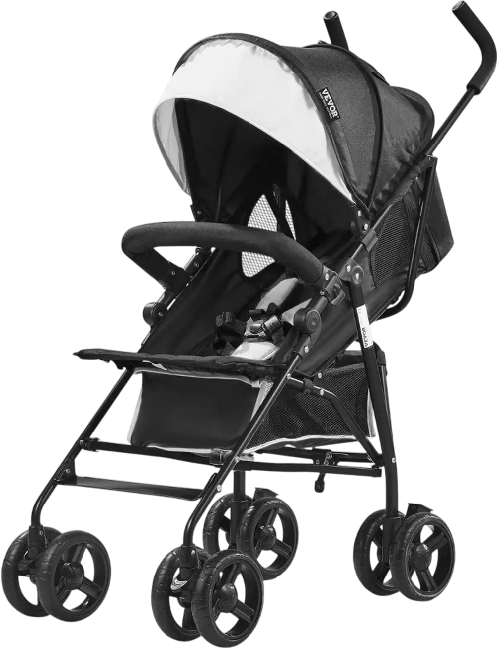 VEVOR Lightweight Stroller, Compact Easy Fold MultiPosition Recline Canopy Backrest, Carbon Steel Frame, Large Storage Basket, Umbrella Toddler Baby Stroller for Travel and More, Black/White