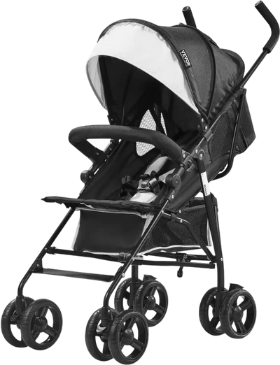 VEVOR Lightweight Stroller, Compact Easy Fold MultiPosition Recline Canopy Backrest, Carbon Steel Frame, Large Storage Basket, Umbrella Toddler Baby Stroller for Travel and More, Black/White