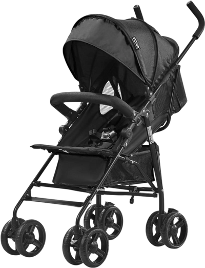 VEVOR Lightweight Stroller, Compact Easy Fold MultiPosition Recline Canopy Backrest, Carbon Steel Frame, Large Storage Basket,Cup Holder, Umbrella Toddler Baby Stroller for Travel and More, Black