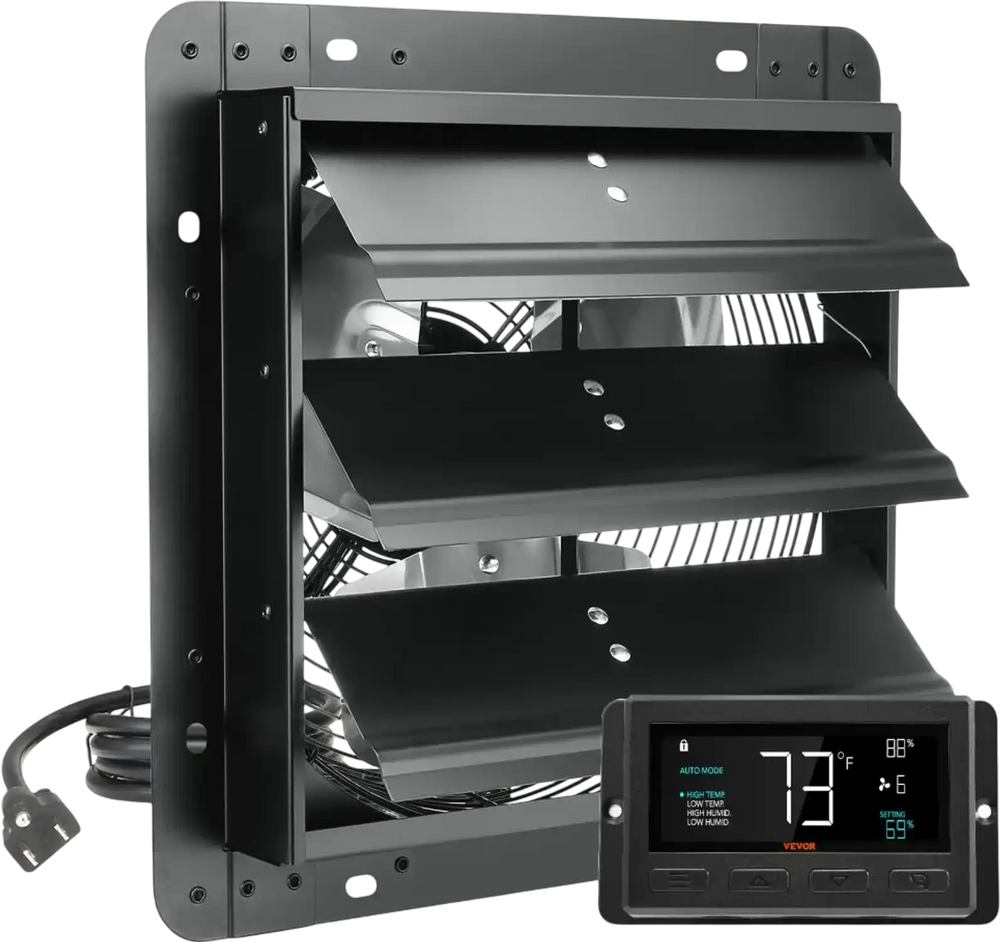 VEVOR Shutter Exhaust Fan, 12'' with Temperature Humidity Controller,  EC-motor, 940 CFM, 10-Speed Adjustable Wall Mount Attic Fan, Ventilation and Cooling for Greenhouses, Garages, Sheds, ETL Listed