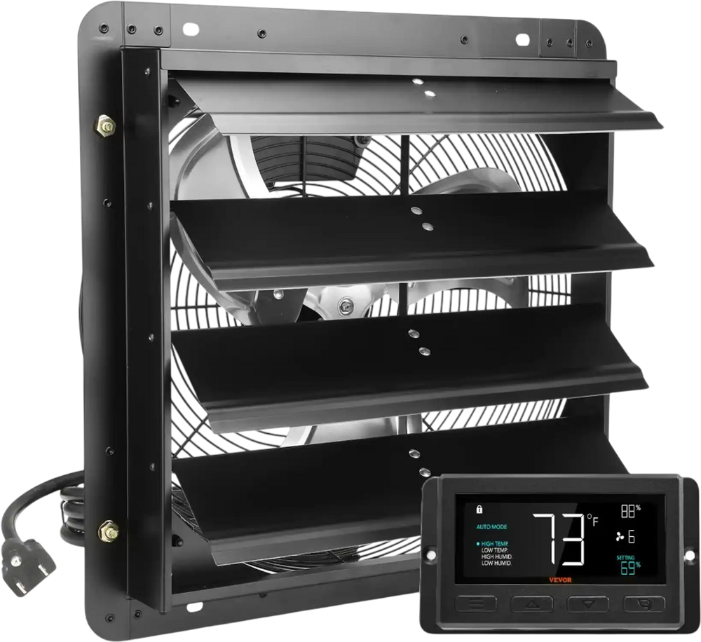 VEVOR Shutter Exhaust Fan, 16'' with Temperature Humidity Controller,  EC-motor, 1550 CFM, 10-Speed Adjustable Wall Mount Attic Fan, Ventilation and Cooling for Greenhouses, Garages, Sheds, ETL Listed