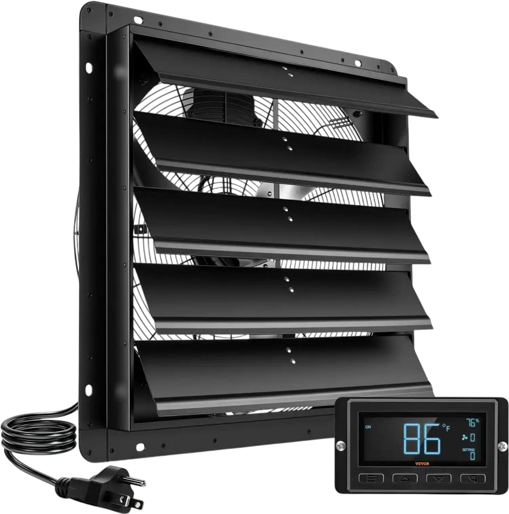 VEVOR 24 Inch Shutter Exhaust Fan Wall Mounted Automatic Louvers EC Motor, Steel Housing, Temperature & Humidity Controller, Ventilation & Cooling for Attic, Garage, Barn, Greenhouse, Workshop, Black