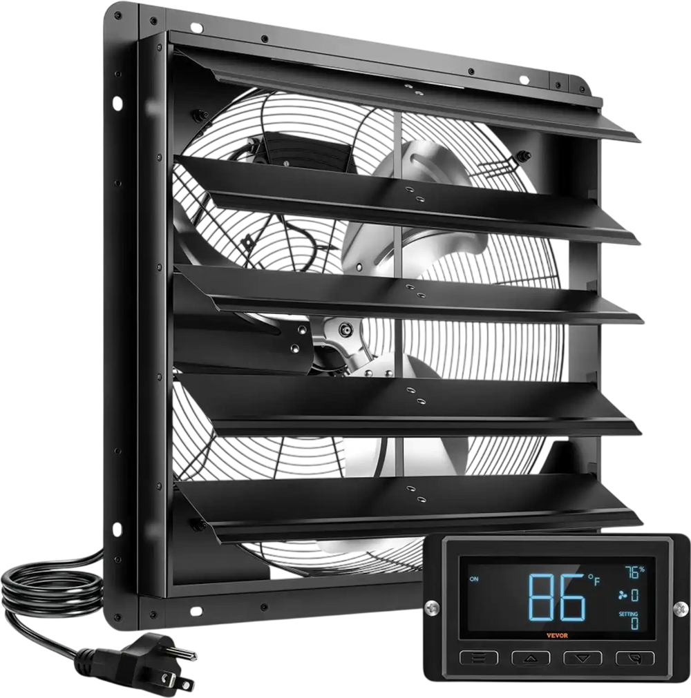 VEVOR 20 Inch Shutter Exhaust Fan Wall Mounted Automatic Louvers EC Motor, Steel Housing, Temperature & Humidity Controller, Ventilation & Cooling for Attic, Garage, Barn, Greenhouse, Workshop, Black