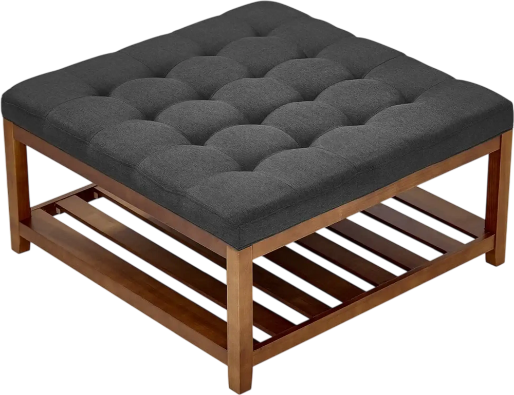 VEVOR Large Square Ottoman Coffee Table, 34.5 Inch Tufted Coffee Table with Solid Wood Shelf Storage, Linen Solid Upholstered Footrest Ottoman for Bedroom Living Room, 400 LBS, Dark Gray