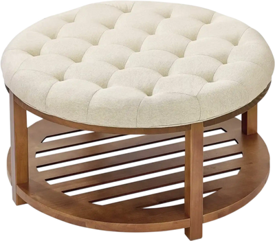 VEVOR Large Round Ottoman Coffee Table, 31.9 Inch Tufted Coffee Table with Solid Wood Shelf Storage, Linen Solid Upholstered Footrest Ottoman for Bedroom Living Room, 350 LBS, Linen Color
