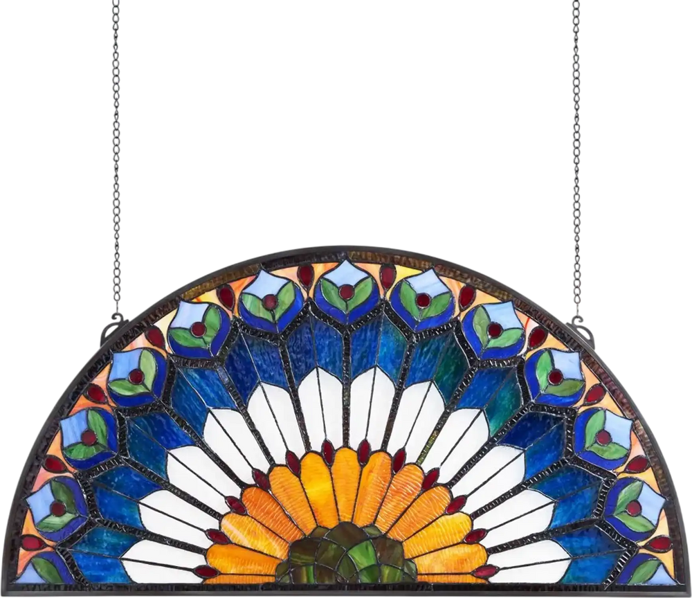 VEVOR Stained Glass Window Panel, 36 x 18 in, Tiffany Style Hanging Transom Window Panel with Chain, Large Half-Round Stain Glass Hanging, Vintage Traditional Art Handcrafts for Kitchen Home Decor