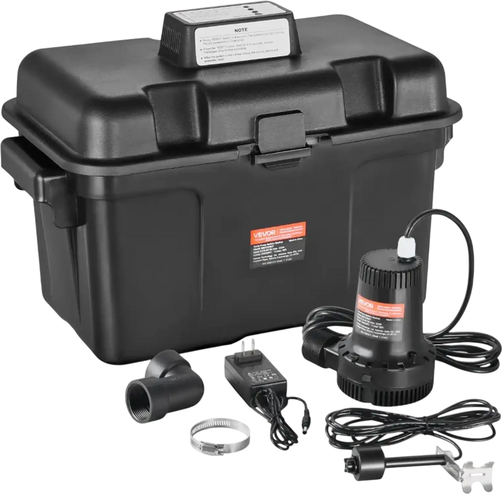 VEVOR Basement Emergency Back-Up Sump Pump, 2000GPH 0.17 HP Backup Sump Pump System, with 15V Adapter, Float Switch, 24-Hour-a-Day Monitoring Controller, Alerts, and Charger, Black