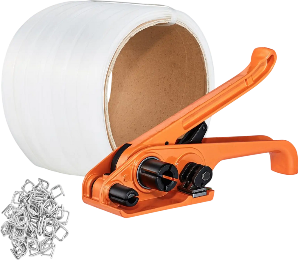 VEVOR Banding Strapping Kit with Strapping Tensioner Tool, 328 ft Length Woven Strapping Cord Band, 100 Metal Seals, Pallet Packaging Strapping Banding Kit, Banding Packaging Strapping for Packing