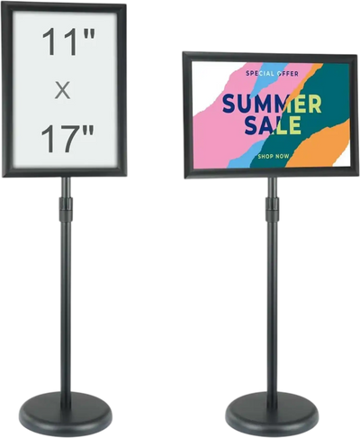 VEVOR Pedestal Sign Holder, 11 x 17 Inch Vertical and Horizontal Adjustable Poster Stand, Heavy-Duty Floor Standing Sign Holder with Round Base for Display, Advertisement, and Outdoor, Black