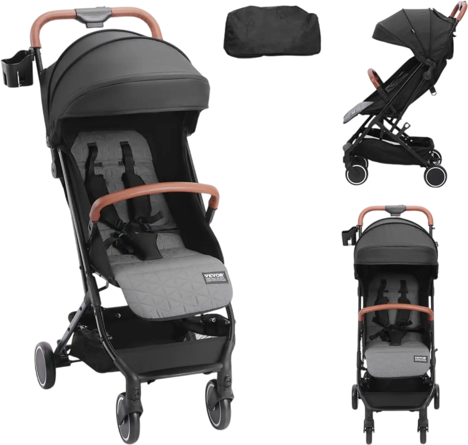 Vevor Baby Stroller Adjustable Reclining Foldable Newborn Toddler Travel Stroller Black New