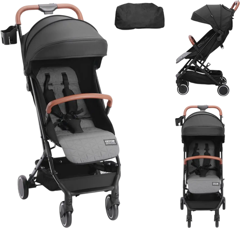 VEVOR Standard Baby Infant Stroller, Toddler Stroller with 95°-150° Adjustable Backrest & & 0/90°Adjustable Footrest & One-click Folding, Newborn Stroller with Cup Holder and Carry Bag, Black