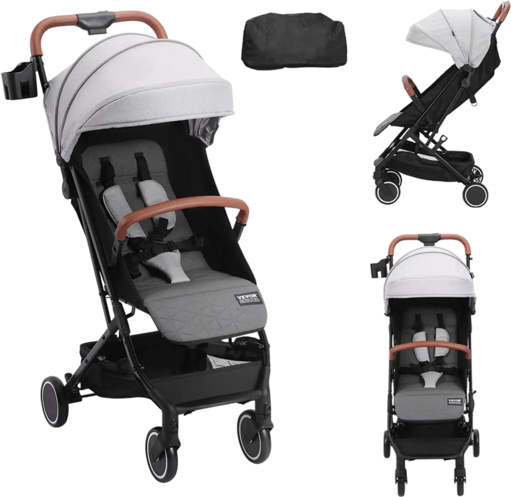 VEVOR Standard Baby Infant Stroller, Toddler Stroller with 95°-150° Adjustable Backrest & & 0/90°Adjustable Footrest & One-click Folding, Newborn Stroller with Cup Holder and Carry Bag, Light Grey