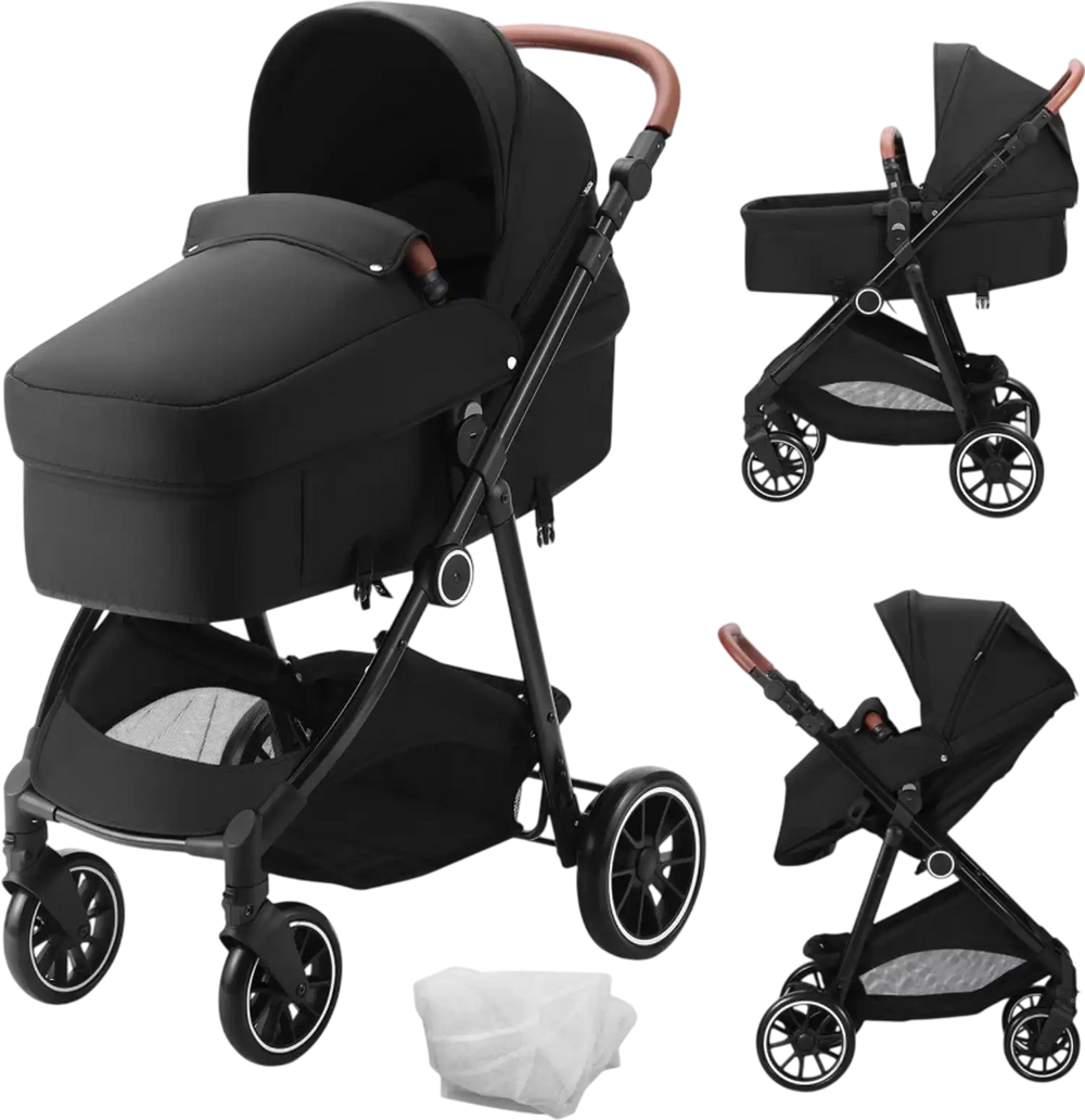 VEVOR Standard Baby Stroller, Infant Toddler Stroller with Bassinet, 3rd-Gear Adjustable Backrest & Foldable & Reversible Seat, Carbon Steel Newborn Stroller with Leg Cover and Mesh Net, Black