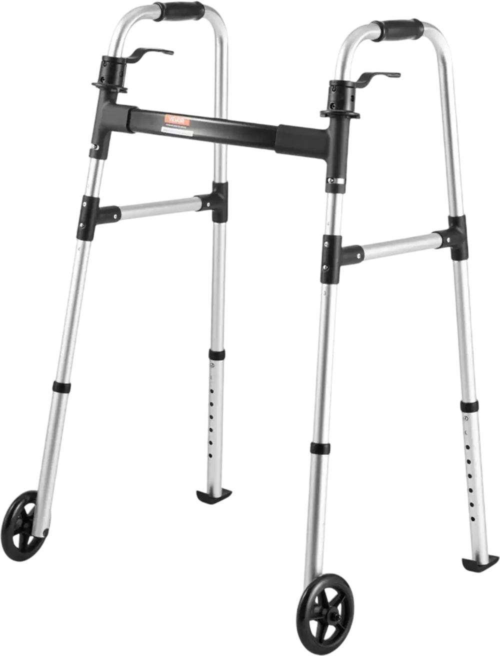 VEVOR Folding Walker, 2-Button Foldable Walker with 5" Wheels & 8-Level Adjustable Height, 350LBS Loading Lightweight Aluminum Mobility Walking Aid, Front-Wheeled Rolling Walkers for Seniors Adults