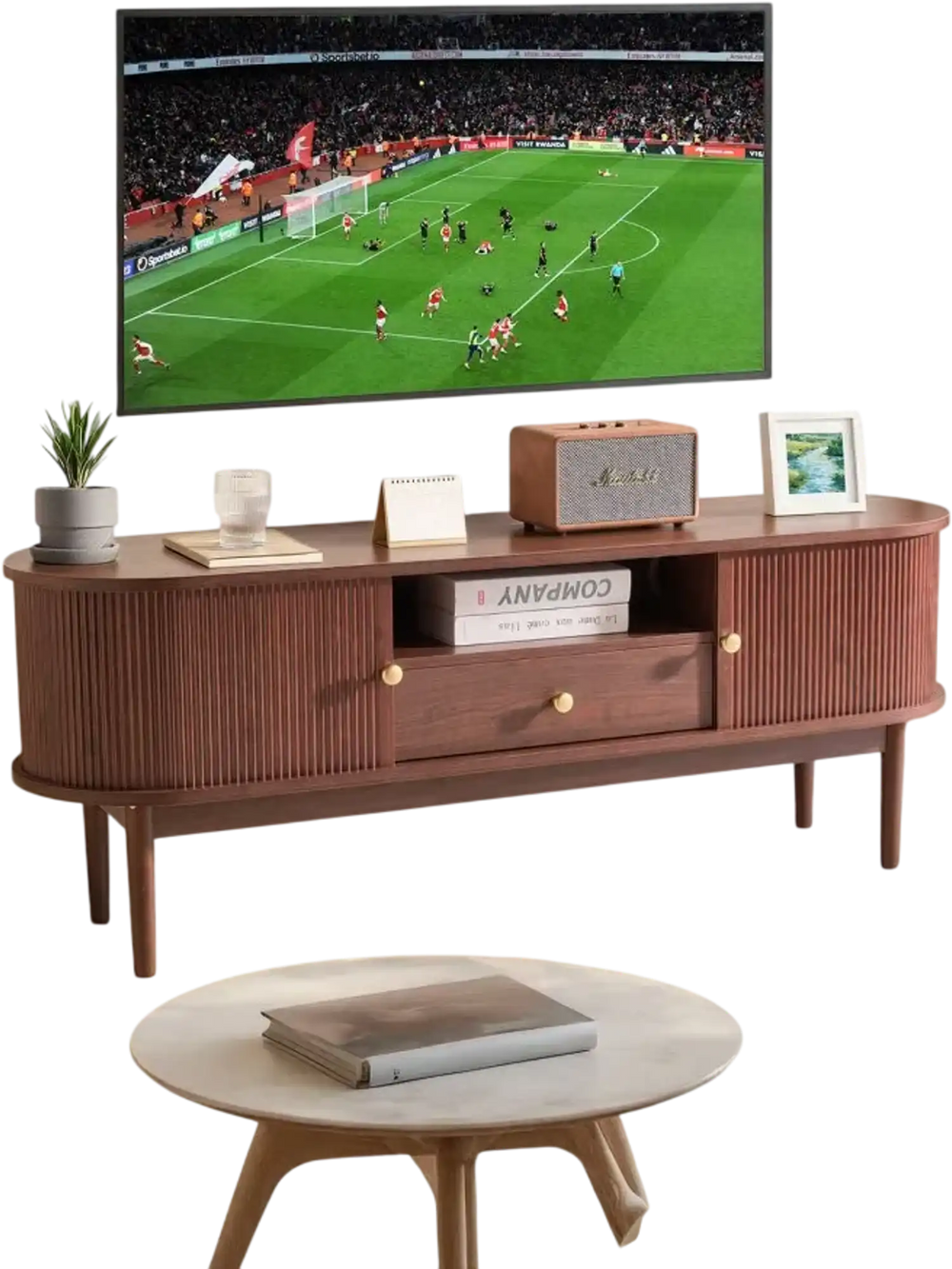 VEVOR TV Stand, Mid Century Modern Entertainment Center for TVs up to 58 in, 350 lbs Load Capacity, TV Media Console Table with Drawer, Open Storage Shelves & Rolling Door for Living Room, Bedroom
