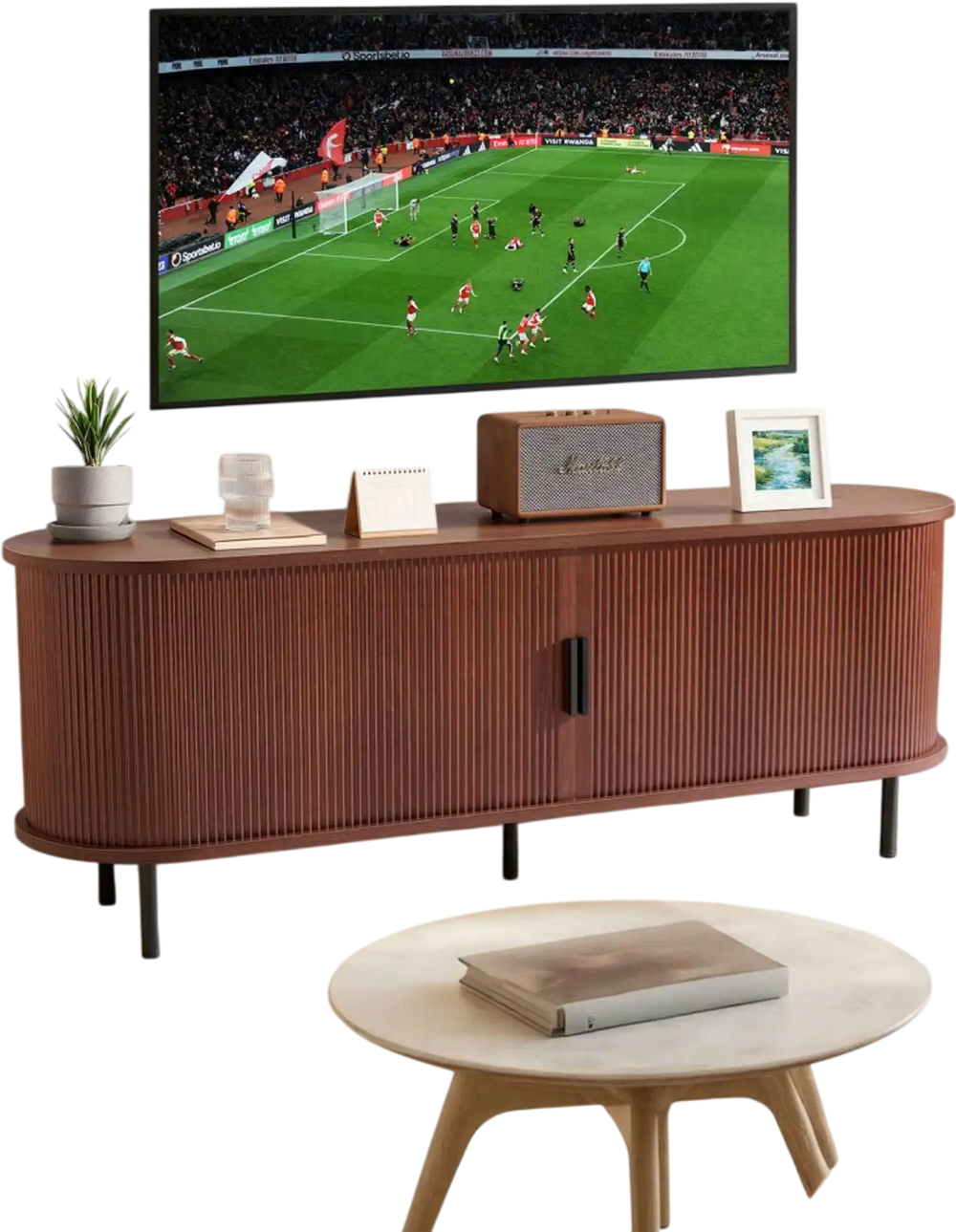 VEVOR TV Stand, Boho Entertainment Center for TVs up to 58 in, 350 lbs Load, TV Media Console Table with Adjustable Storage Shelves & Rolling Door, Television Stand for Living Room, Bedroom, Brown
