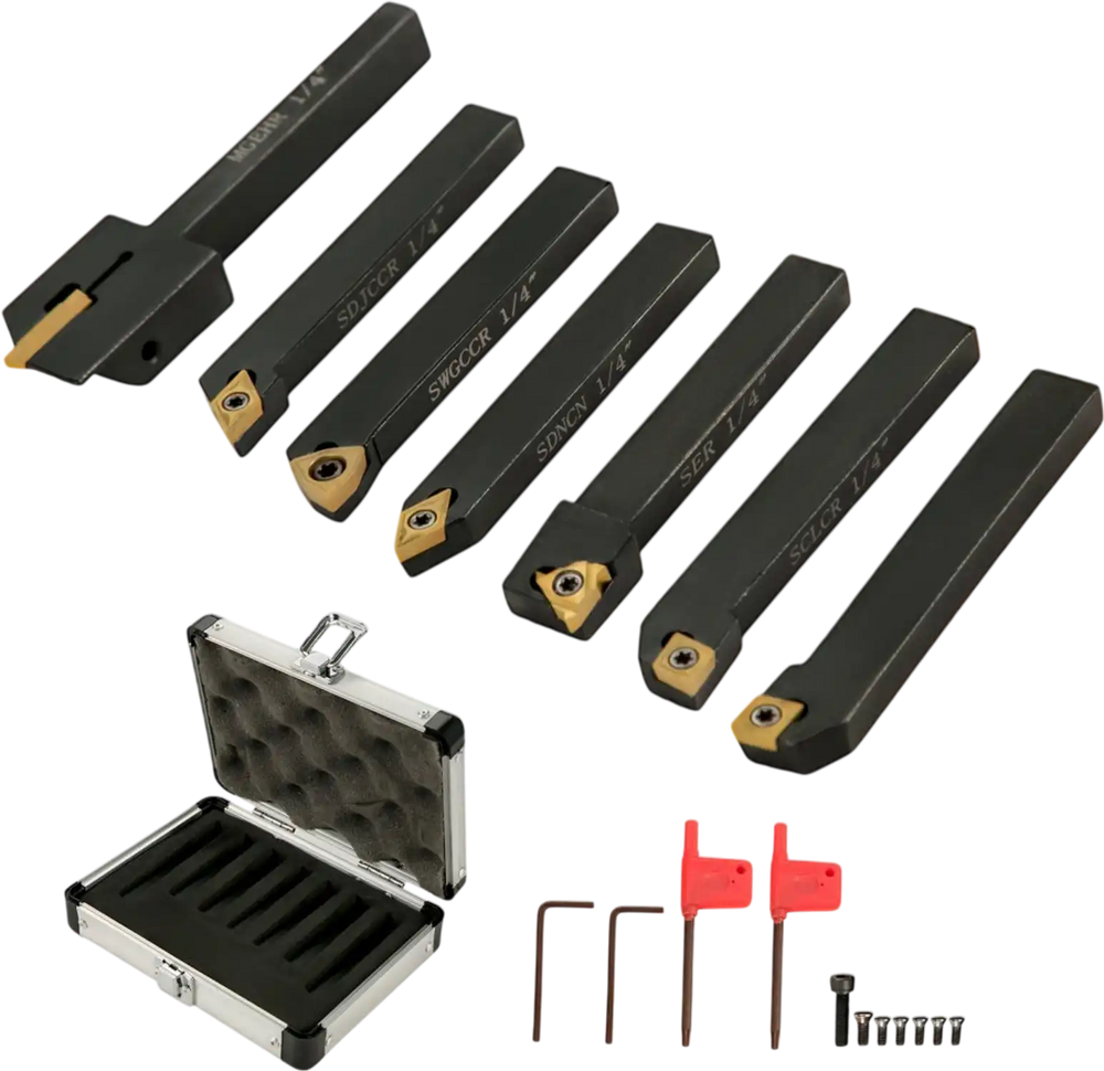 VEVOR Indexable Carbide Tools 1/4\" Industrial Lathe Tools 7Pcs/Set Turning Tool Set Super-hard 40cr Mental Lathe Tools Inserts Carbide Tool Holder for Lathe in Black with Portable Case