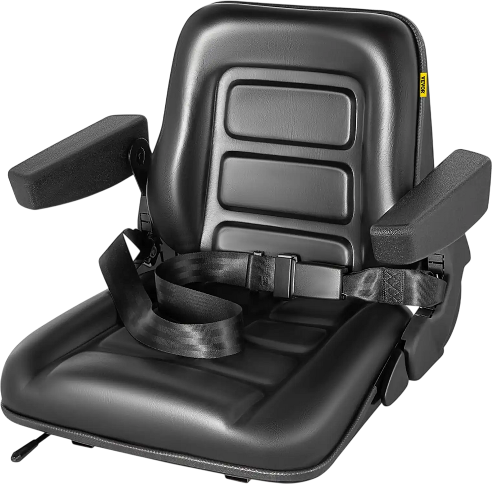 VEVOR Universal Forklift Seat Black PVC Tractor Seat, 6\"/150MM Adjustable Mower Seat Foldable Seat Including Armrests, Seat Belt, Seat Switch, Skid Steer Seat Fit Forklift, Tractor, Skid Loader