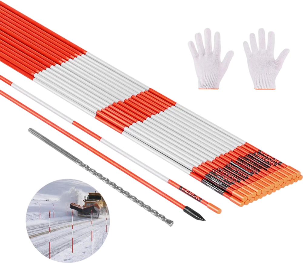 VEVOR Driveway Markers, 200Pcs 48 in Long 1/4 in Dia, Hi-Visibility Driveway Reflectors with 12 in Steel Drill Bits, Reflective Snow Sticks Fiberglass Pole for Parking Lots, Walkways, Snow Plowing