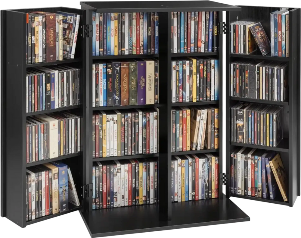 VEVOR Media Storage Cabinet, 4-Tier DVD Shelf Organizer, 24.02 x 14.49 x 33.31 in Multimedia Storage Organizer for CDs, DVDs, Books, Games, CD Shelf for Living Room, Home Office, Recording Room, Black