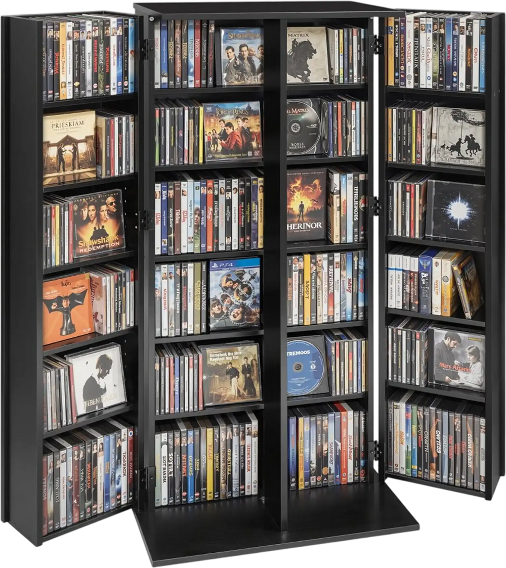 VEVOR Media Storage Cabinet, 6-Tier DVD Shelf Organizer, 24.02 x 14.49 x 50 in Multimedia Storage Organizer for CDs, DVDs, Books, Games, CD Shelf for Living Room, Home Office, Recording Room, Black