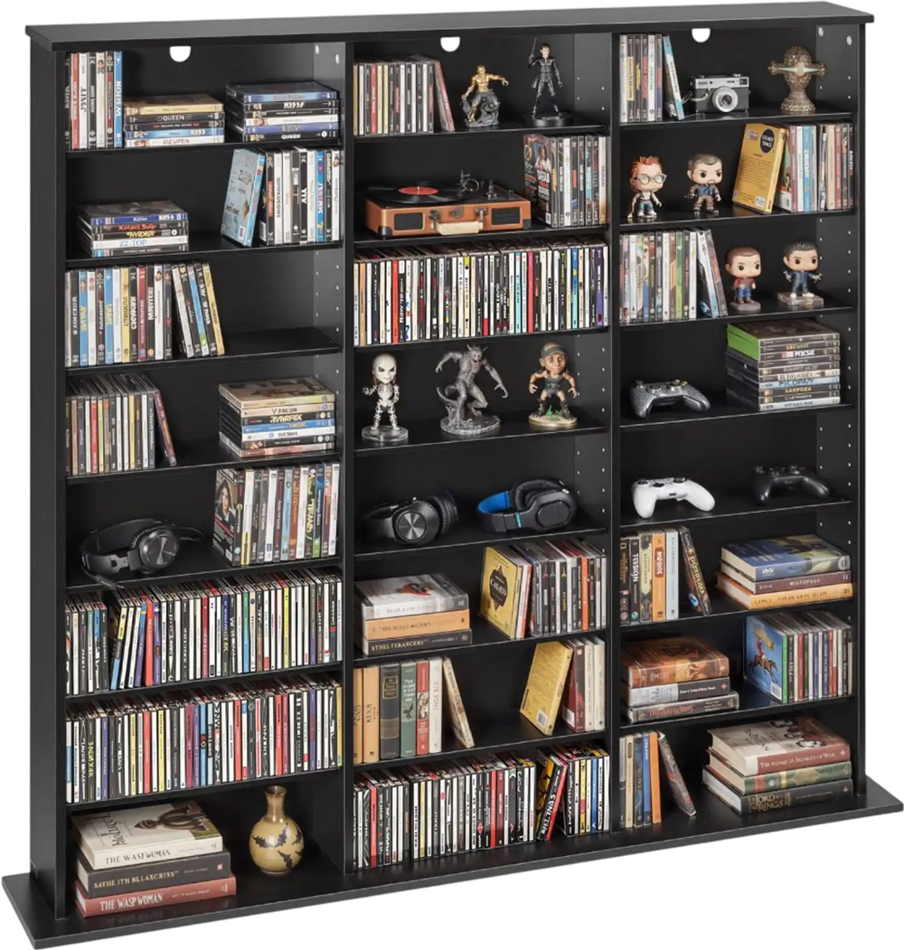 VEVOR Media Storage Cabinet, 8-Tier DVD Shelf Organizer, 55.91 x 8.66 x 51.18 in Multimedia Storage Organizer for CDs, DVDs, Books & Games, CD Shelf for Living Room, Home Office, Recording Room, Black