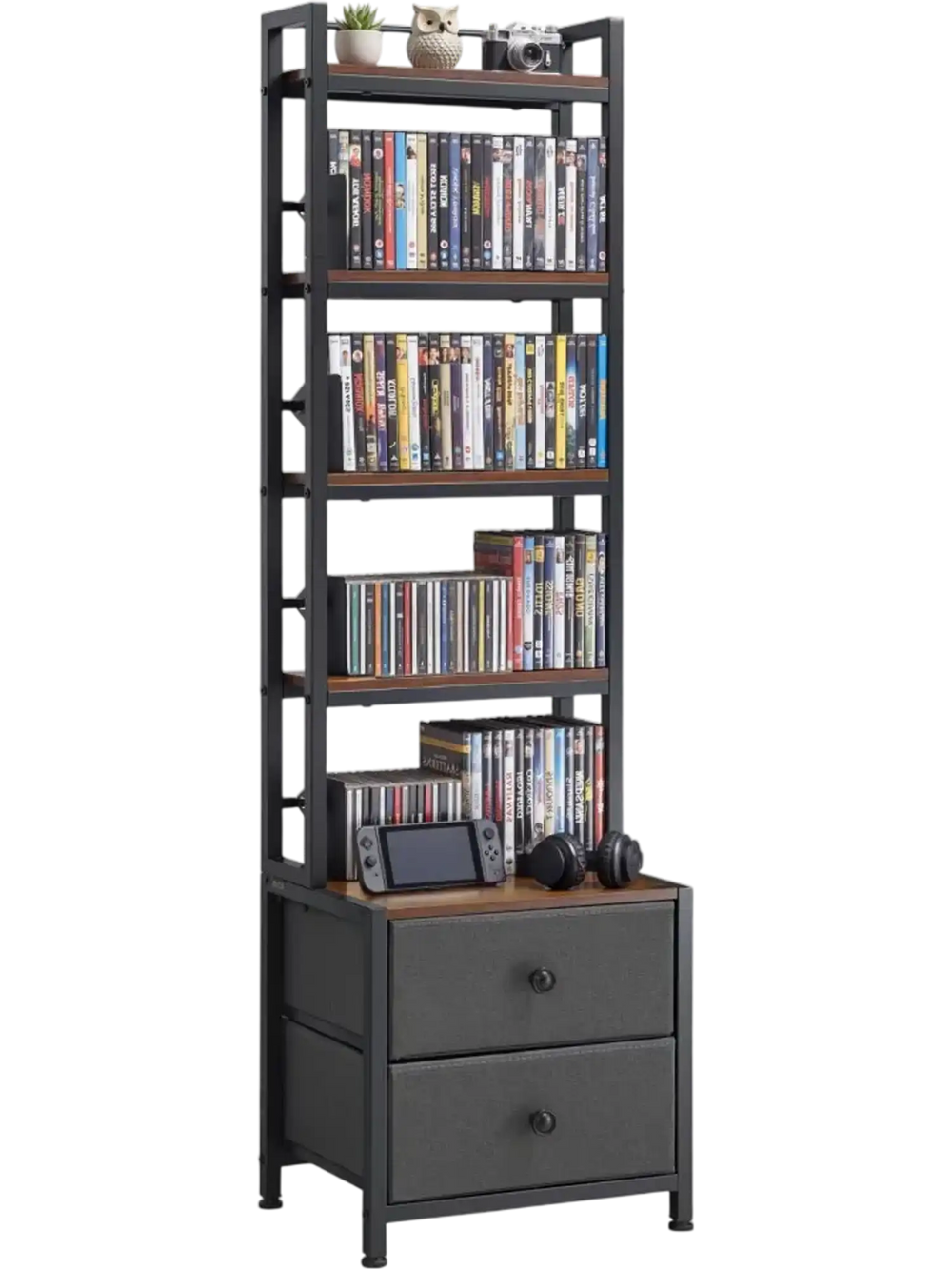 VEVOR Media Storage Cabinet, 4-Shelf DVD Shelf Organizer with Drawers, 15.75 x 11.81 x 56.50 in Multimedia Storage Organizer for CDs, DVDs, Books and Games, CD Cabinet for Living Room, Home Office