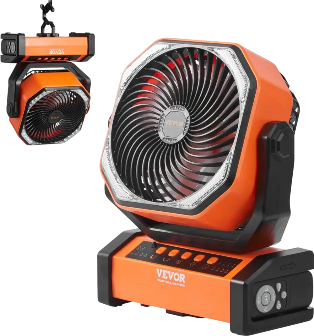 VEVOR Portable Fan Rechargeable 9 inch, Battery Powered Fan with LED Lantern, 4 Speeds Adjustable & 45°/90°Automatic Swivel & Timer , USB Battery Operated Fans for Travel Bedroom Home Camping Office