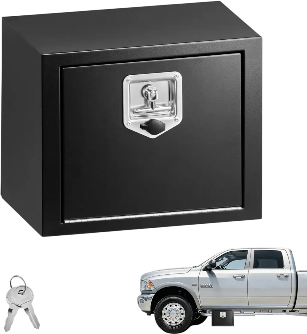 VEVOR Underbody Truck Tool Box, 18 x 12 x 14 Inch Heavy Duty Steel Trailer Storage Box with Lock & Keys, Waterproof Trailer Storage Organizer Under Body Chest with T-Handle for Truck, Van, SUV, Black