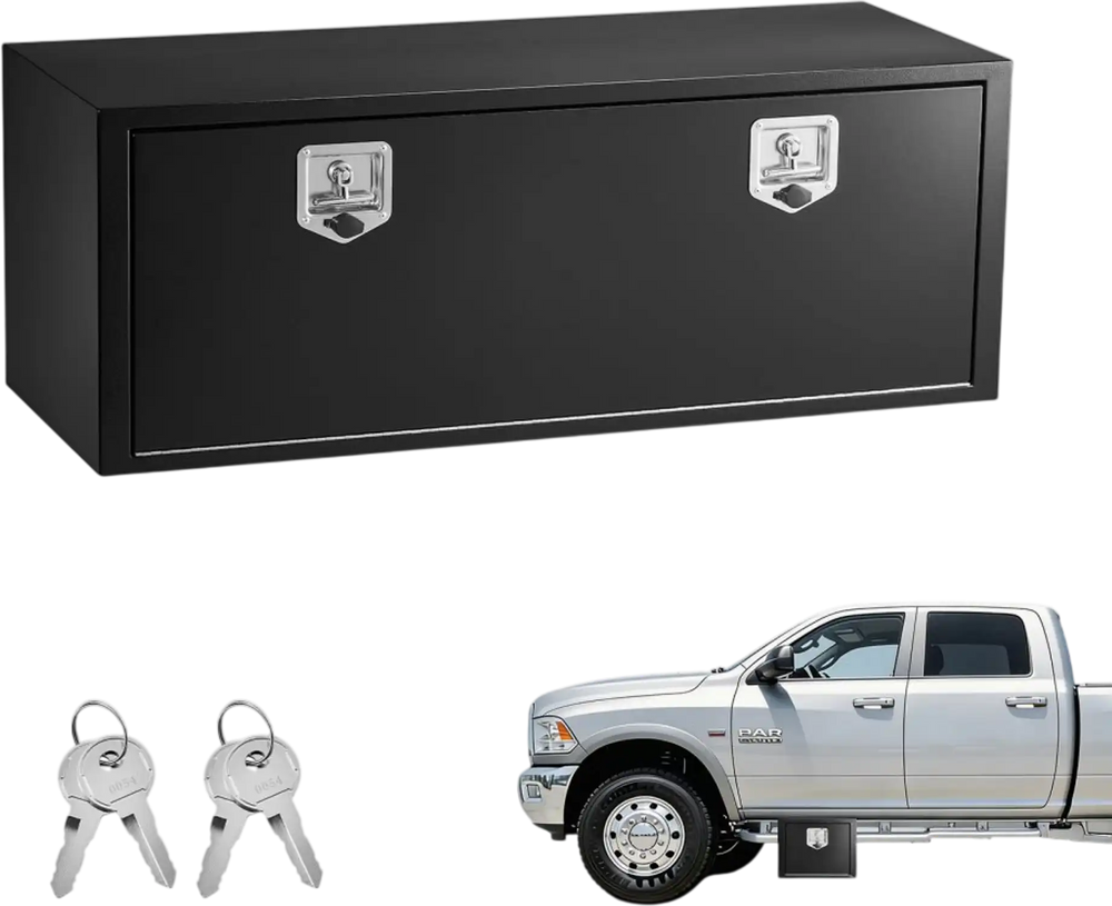 VEVOR Underbody Truck Tool Box, 48 x 18 x 18 Inch Heavy Duty Steel Trailer Storage Box with Lock & Keys, Waterproof Trailer Storage Organizer Under Body Chest with T-Handle for Truck, Van, SUV, Black