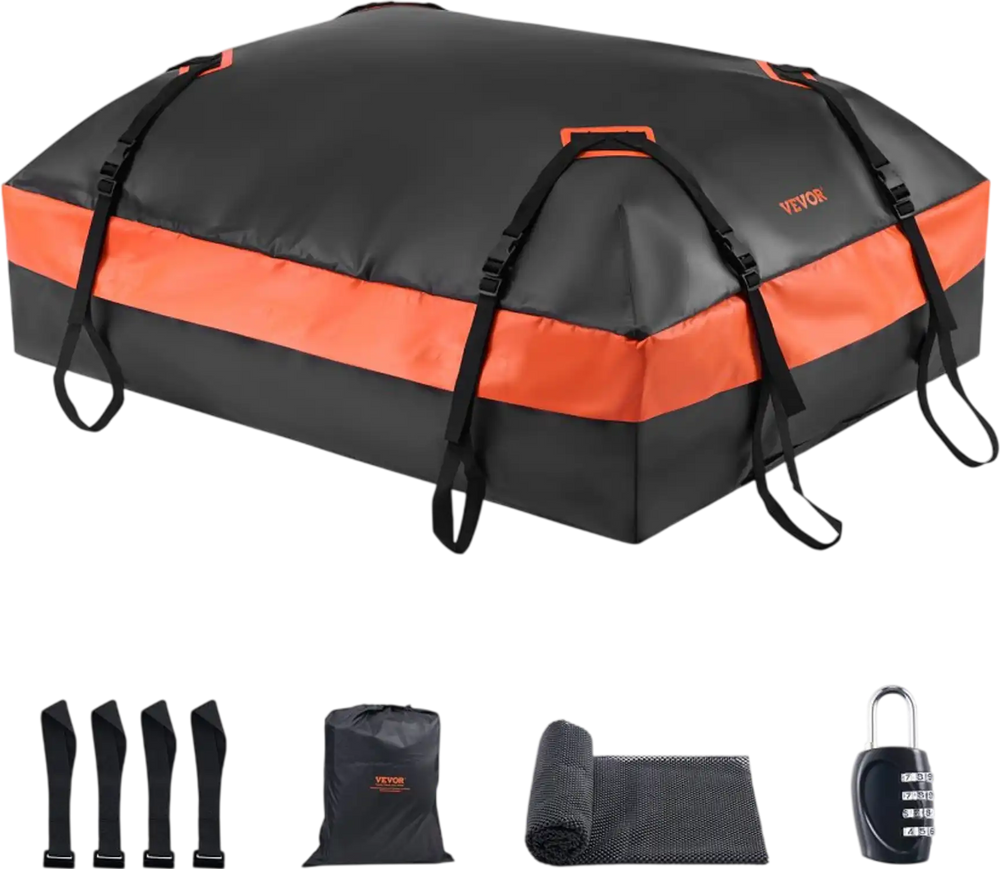 VEVOR Car Rooftop Cargo Carrier Bag, 15 Cubic Feet Car Roof Cargo Carrier, 100% Waterproof Heavy Duty 840D PVC Roof Luggage Bag for All Vehicle with/without Rack- with Lock, Non-Slip Mat, 4 Door Hooks