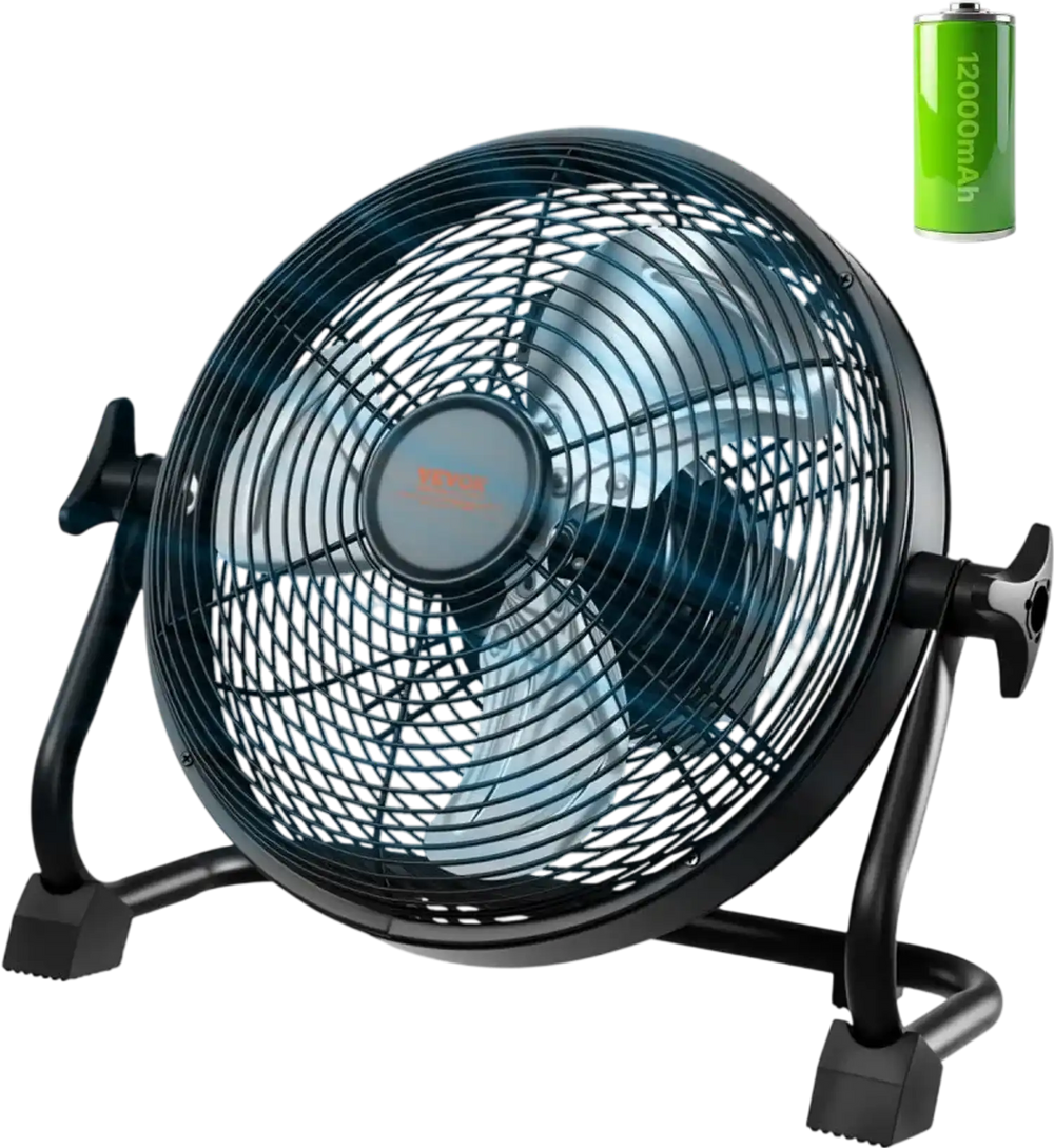 VEVOR 10 inch Rechargeable Battery Operated Camping Floor, High Velocity Portable Outdoor Fan with Metal Frame, Copper Brushless Motor, 360-degree Manual Rotation,for Fishing,Traveling, Picnicking
