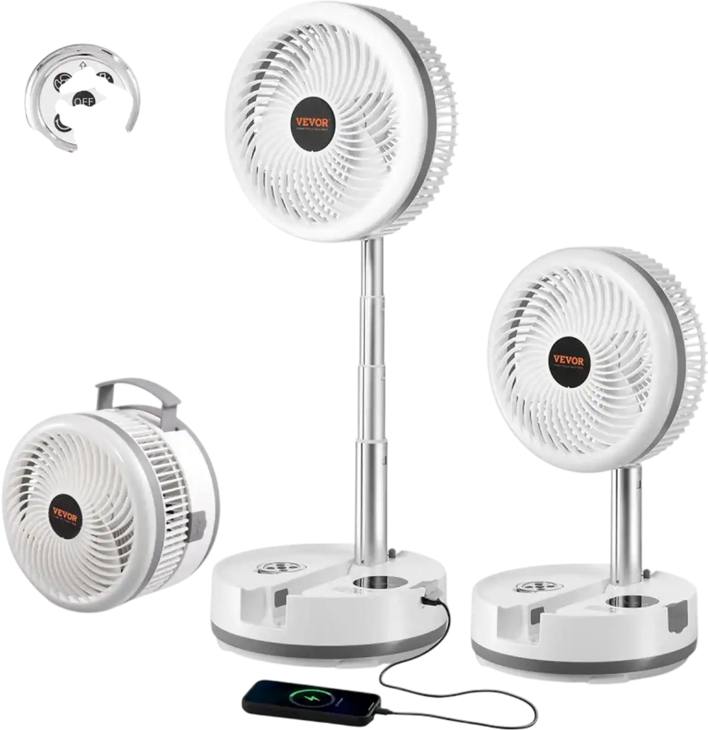 VEVOR 10 inch Portable Foldable Rechargeable Oscillating Fan, 3-in-1 Battery Operated with Remote Control, Quiet Desk/Table Pedestal Fan, 9 Speeds,90-degree Auto Left/Right Rotation,for Home,Office