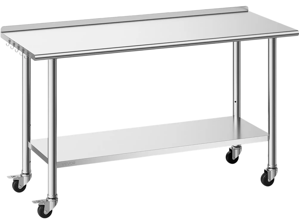 VEVOR Stainless Steel Work Table, 24x60 inch Food Prep Table with Wheels and Backsplash, Commercial Kitchen Workstation with Adjustable Undershelf, Metal Utility Worktable, for Restaurant Home Outdoor